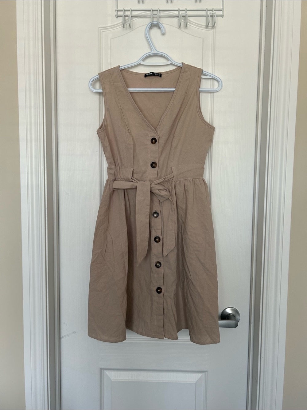 Button-Front Tan Sleeveless Tie-Waist Mini Dress